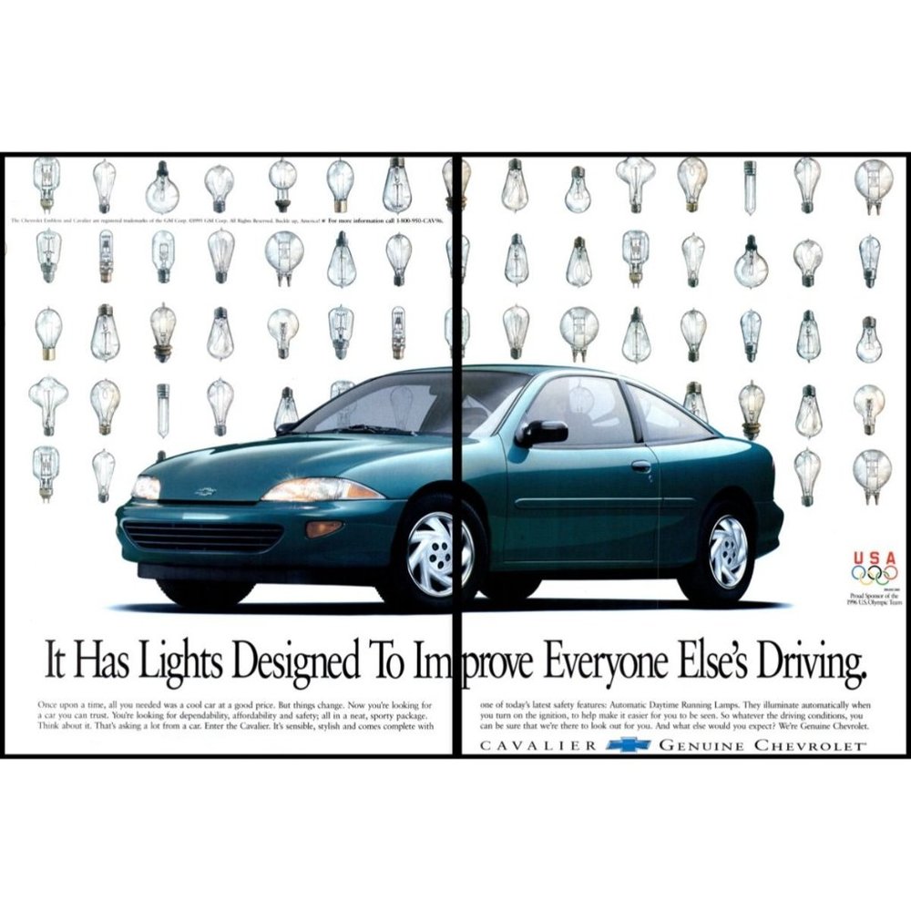 1996 Chevy Cavalier Coupe 2 Page Vintage Print Ad Bright Idea Light Bulbs Photo